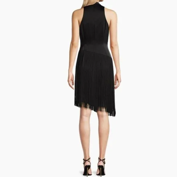 Liv Foster Mock Neck Sleeveless Midi Asymmetrical Fringe Crepe Dress Size 8 New - Picture 16 of 16